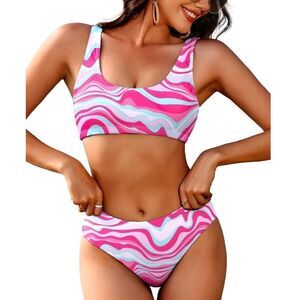 NWT High Waisted Two Piece Sporty Swimsuits High Cut Tummy Control Large